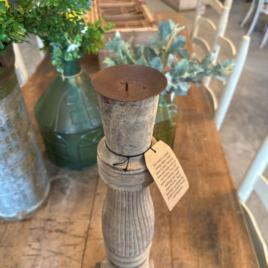 FOUND MANGO WOOD CARVED PILLAR HOLDER