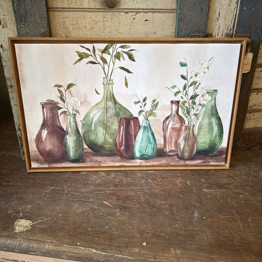 FRAMED CANVAS OF COLORFUL VASES