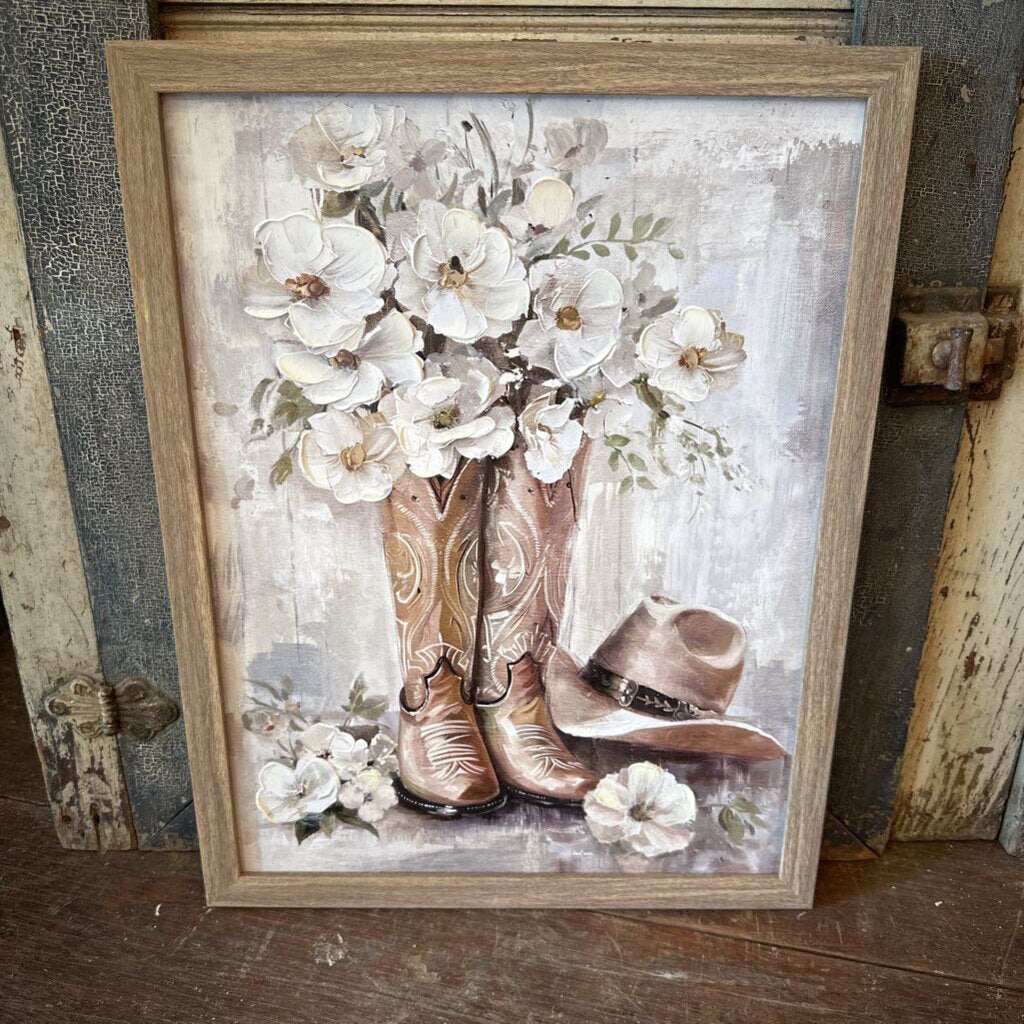FRAMED PRINT OF FLOWERS IN COWBOY BOOTS