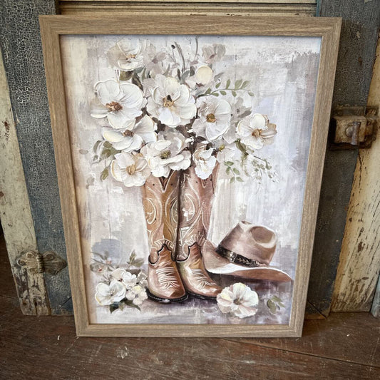 FRAMED PRINT OF FLOWERS IN COWBOY BOOTS