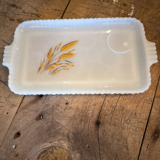 VINTAGE FIRE KING WHEAT MILK GLASS SNACK TRAY