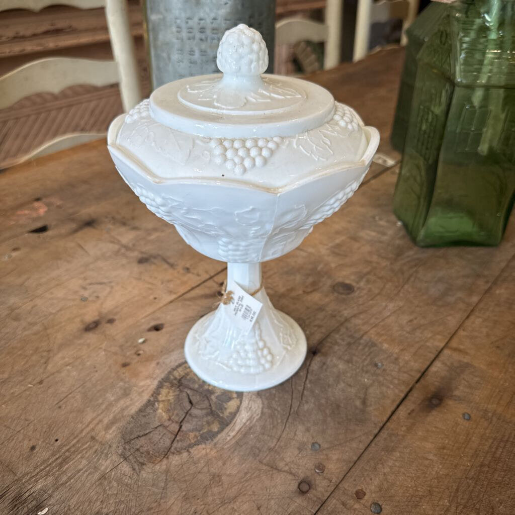 MILK GLASS PEDESTAL DISH WITH LID