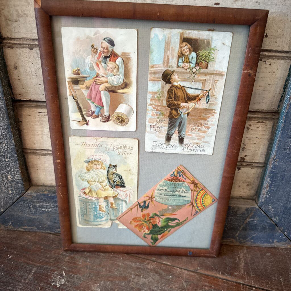 FRAMED VINTAGE 4 CARD ADVERTISEMENT