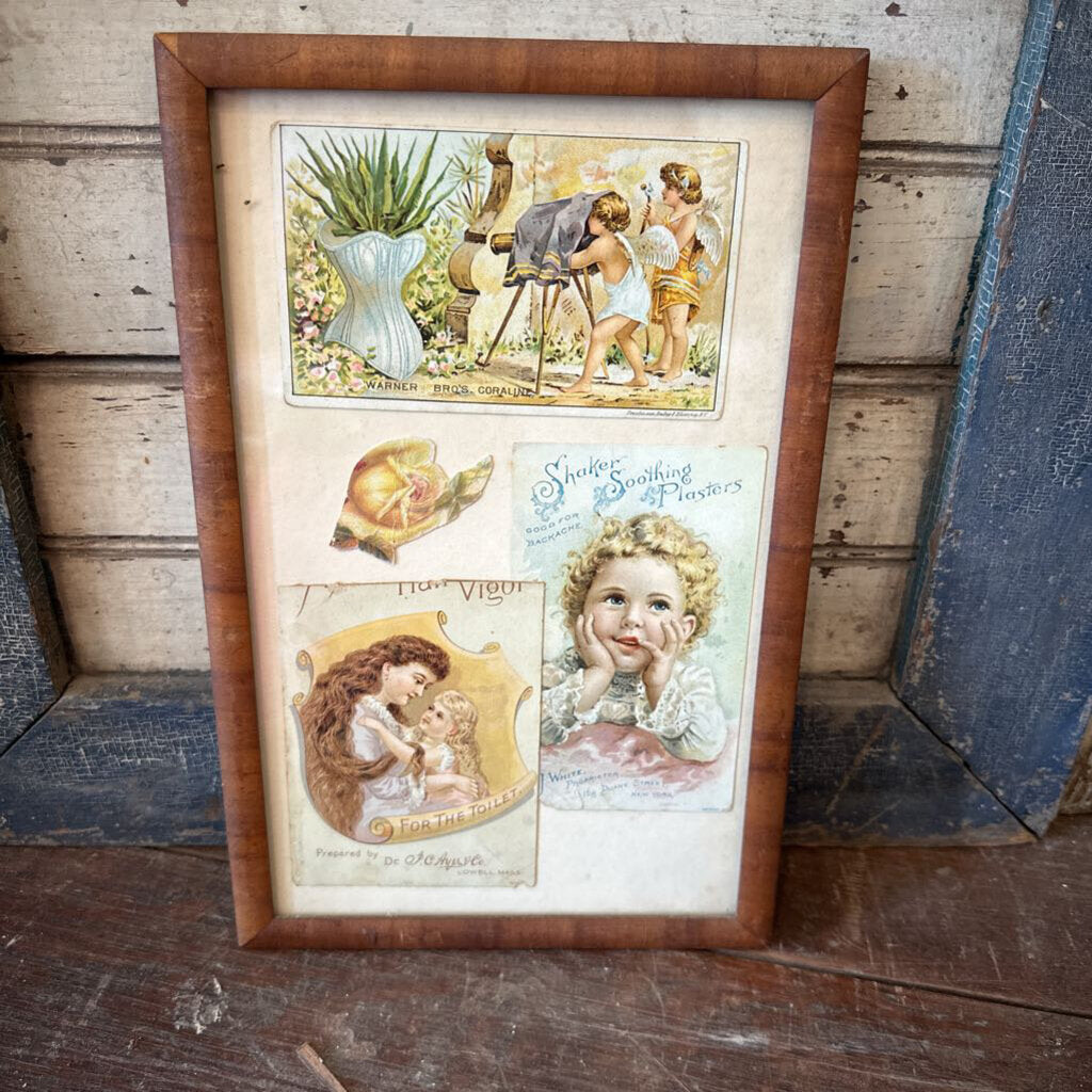 FRAMED VINTAGE 3 CARD ADVERTISEMENT