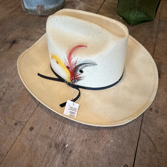LADIES STRAW COWBOY HAT WITH FEATHER BAND