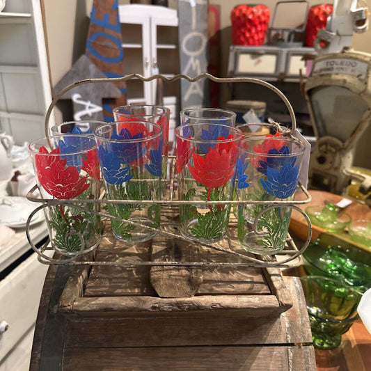 BOSCUL PEANUT BUTTER FLORAL GLASSES IN WIRE CARRIER