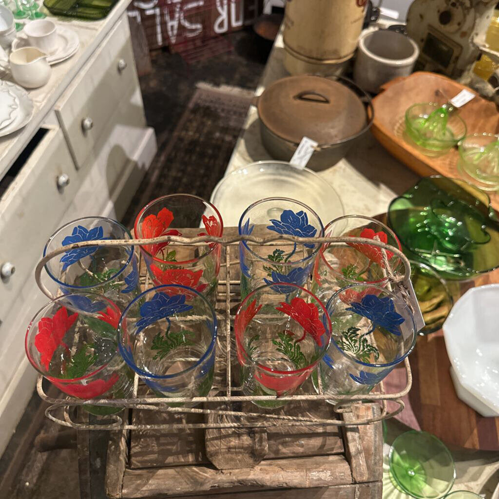 BOSCUL PEANUT BUTTER FLORAL GLASSES IN WIRE CARRIER