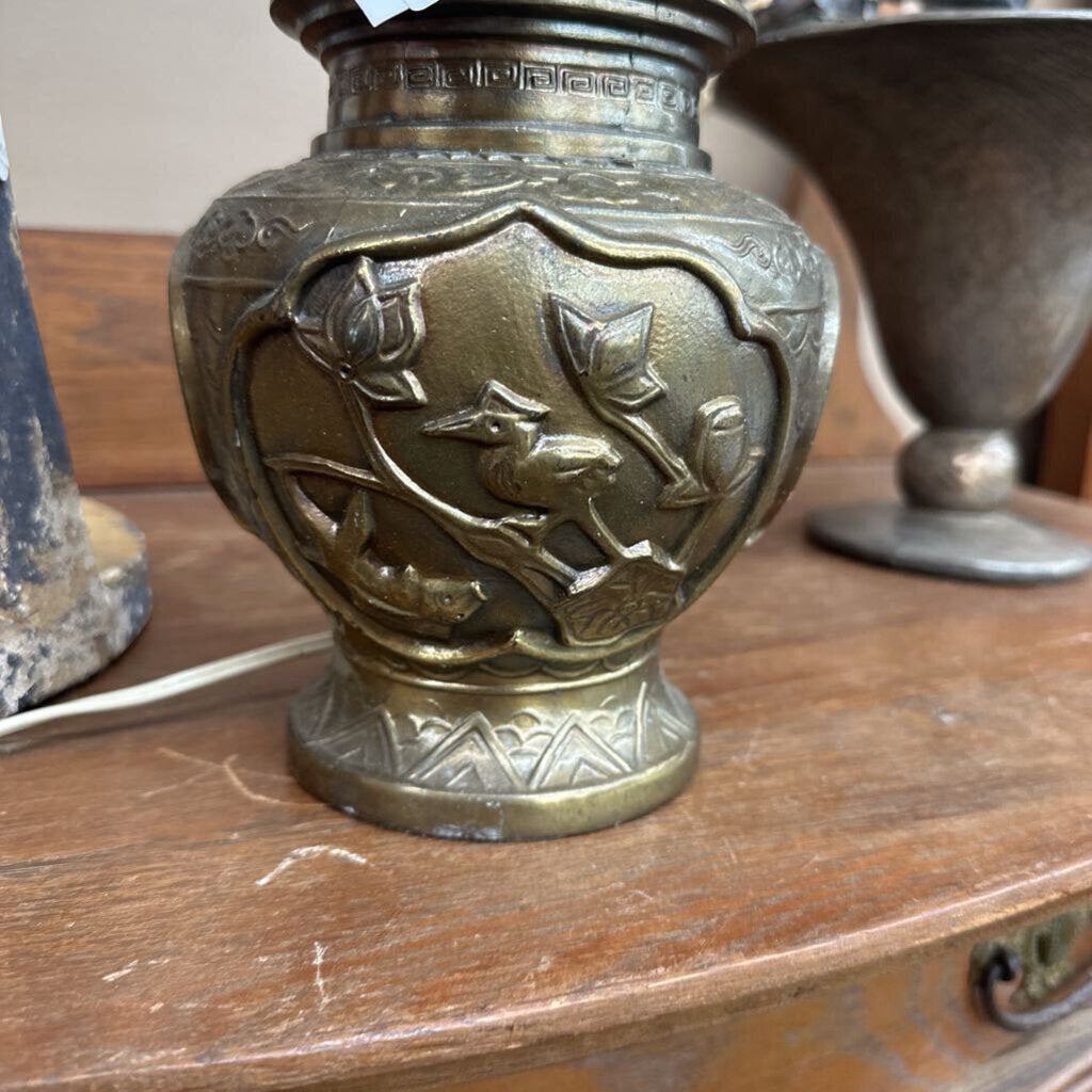 BRASS LAMP WITH BIRD AND FISH CARVING