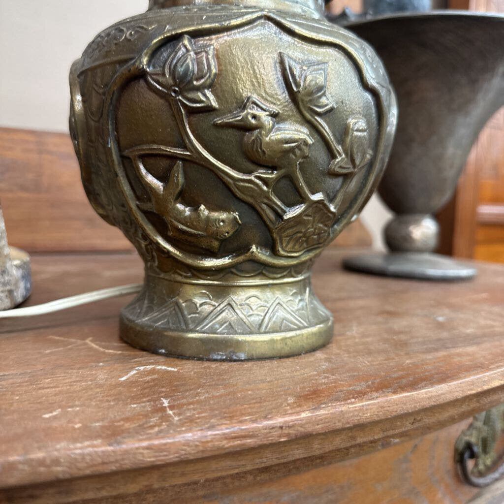 BRASS LAMP WITH BIRD AND FISH CARVING