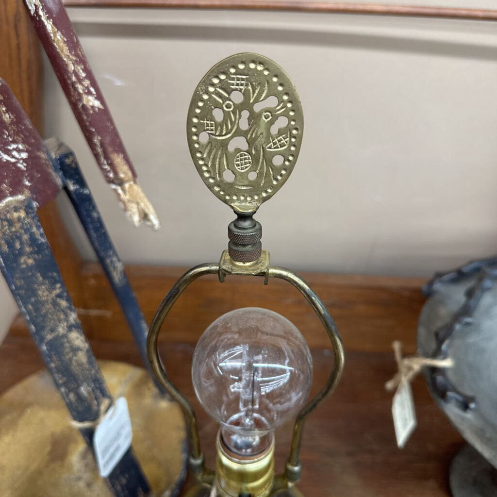 BRASS LAMP WITH BIRD AND FISH CARVING