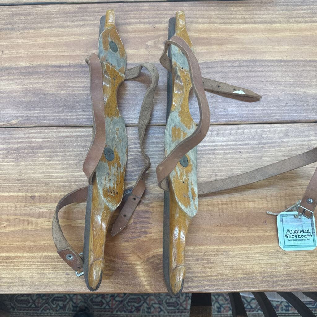 WOODEN ICE SKATES WITH LEATHER STRAPS