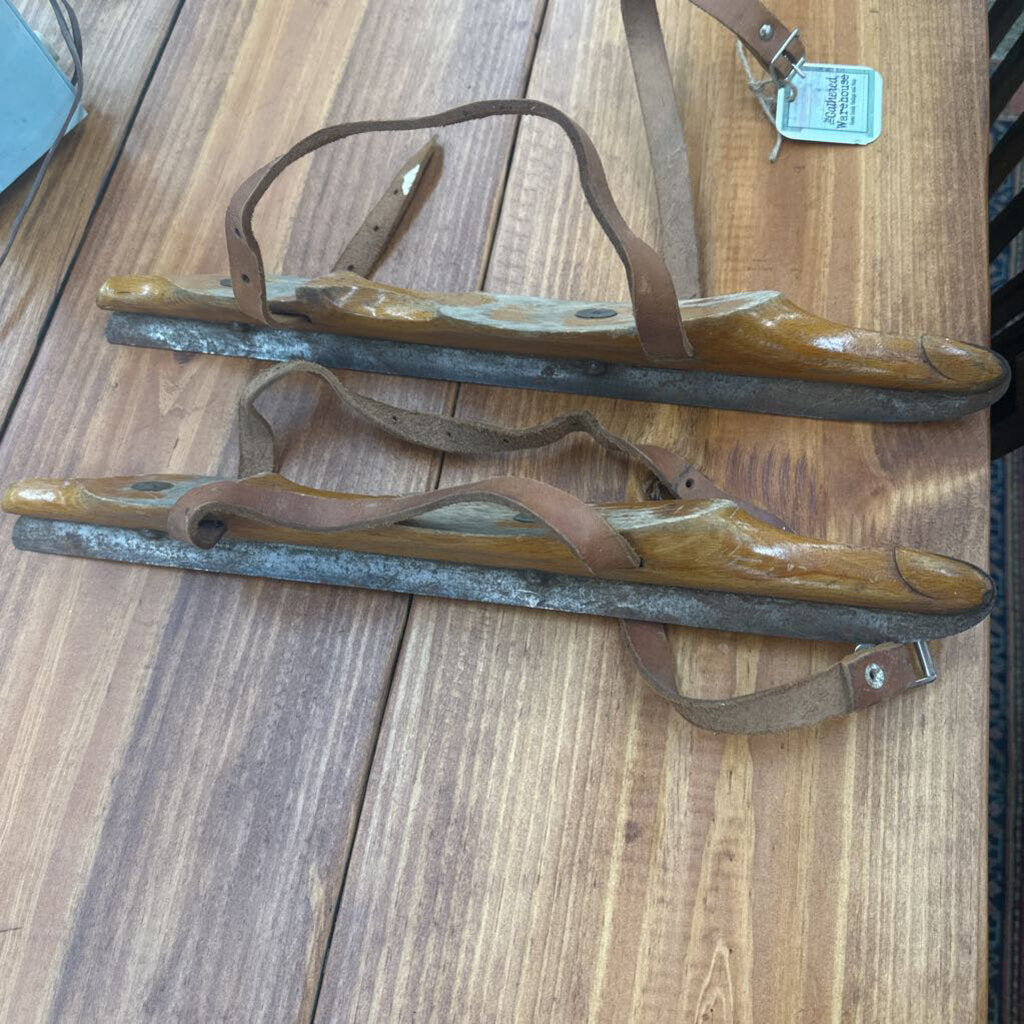 WOODEN ICE SKATES WITH LEATHER STRAPS