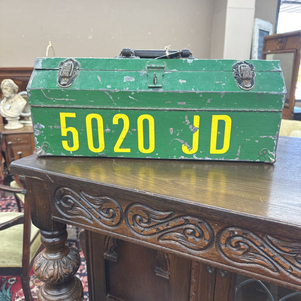 METAL COFFIN TOOL BOX WITH JOHN DEERE THEMED PAINT