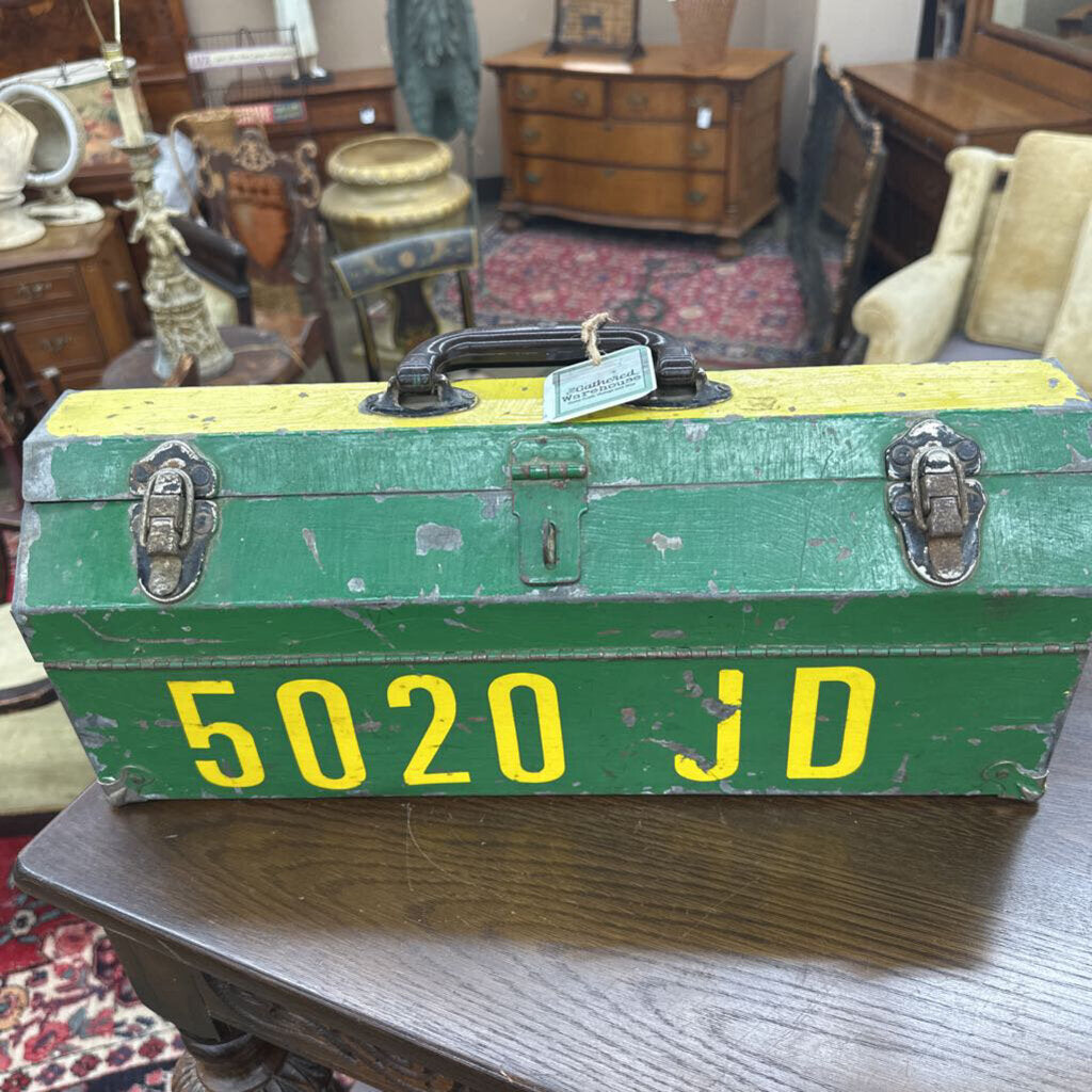 METAL COFFIN TOOL BOX WITH JOHN DEERE THEMED PAINT