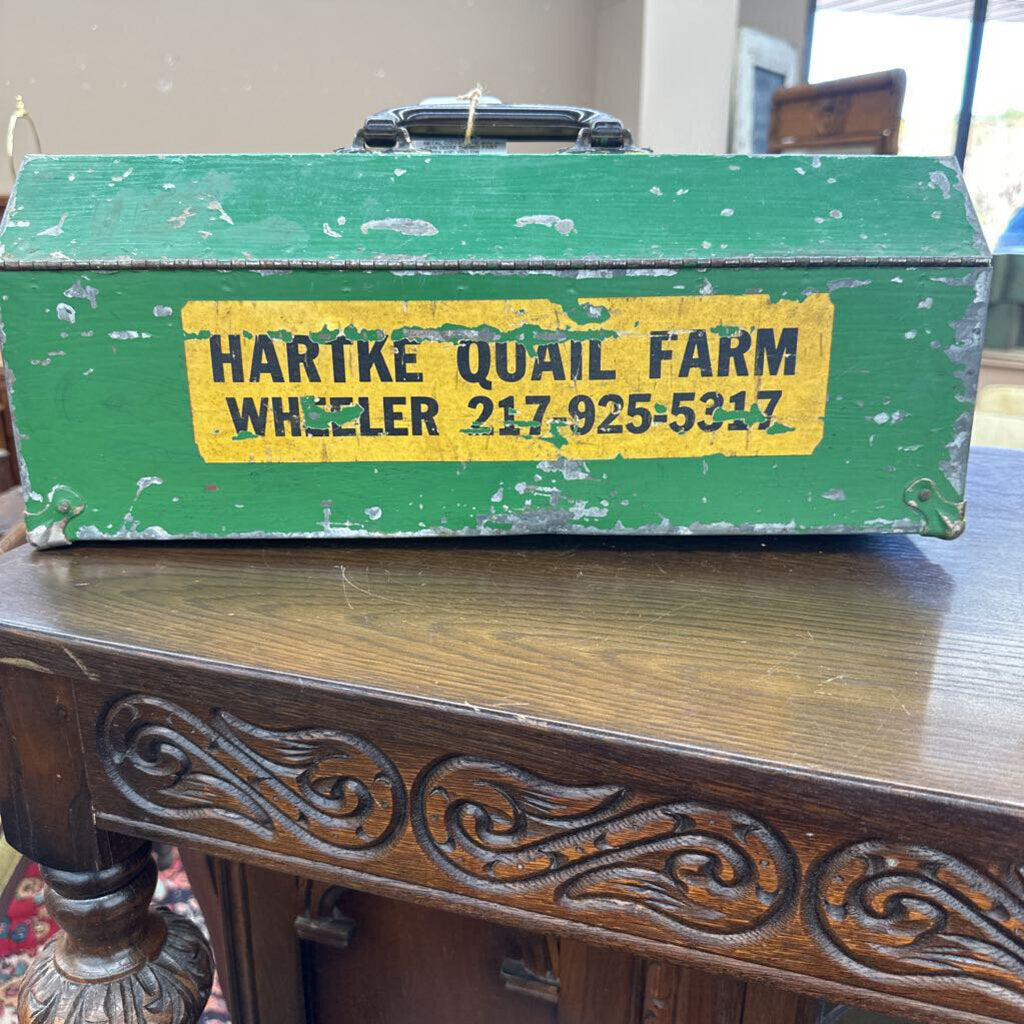 METAL COFFIN TOOL BOX WITH JOHN DEERE THEMED PAINT