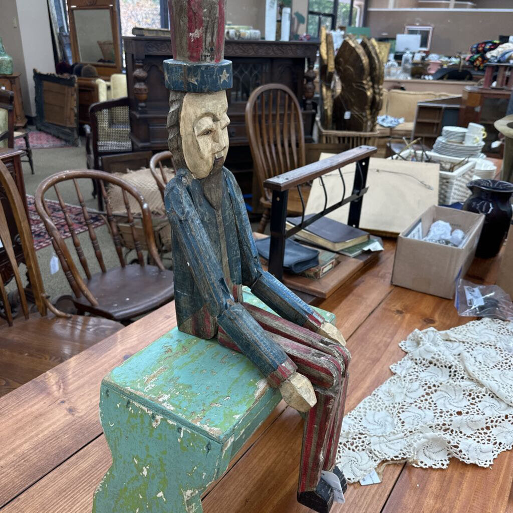 HAND CARVED WOODEN UNCLE SAM FOLK ART FIGURE SHELF SITTER