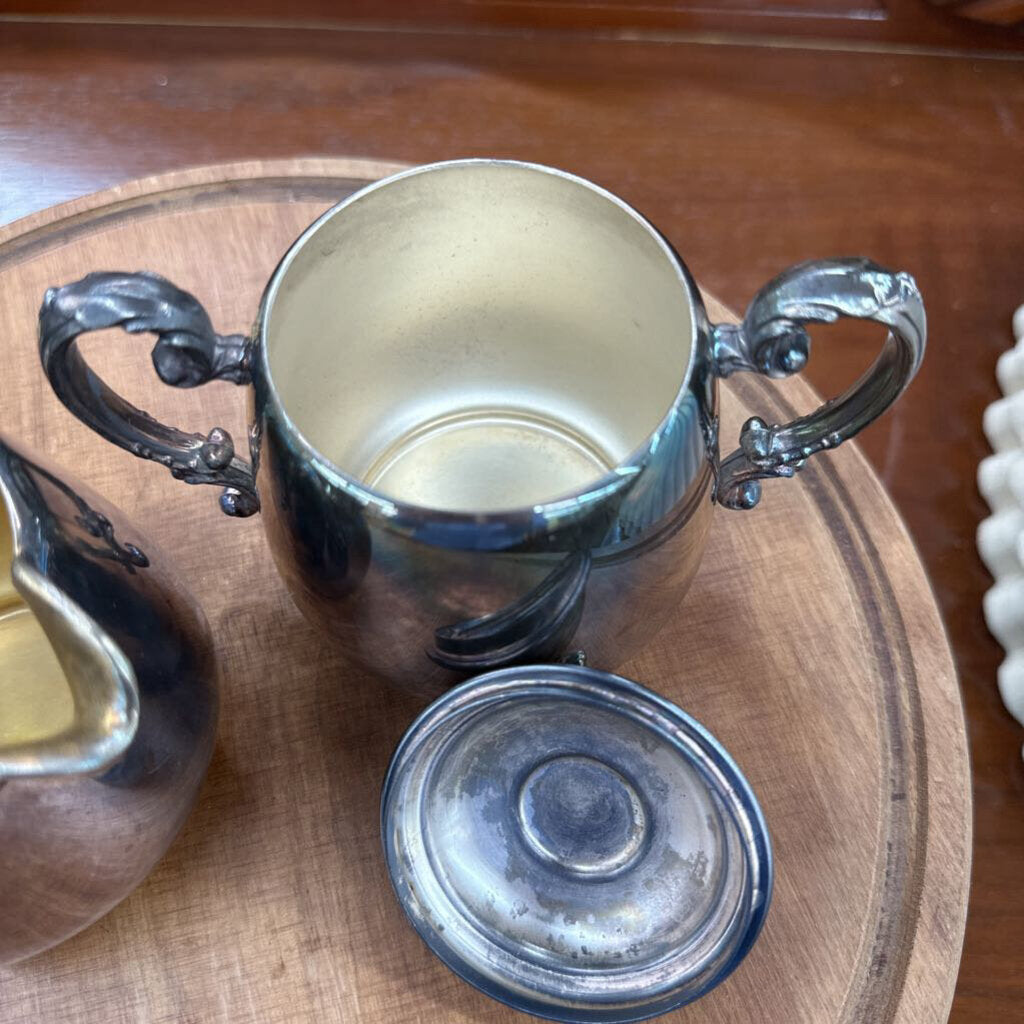 SILVER PLATED CREAMER AND LIDDED SUGAR BOWL