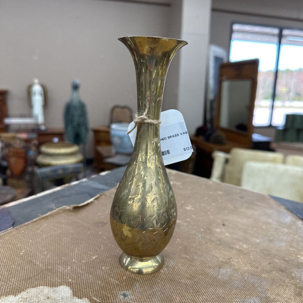VINTAGE ETCHED BRASS VASE