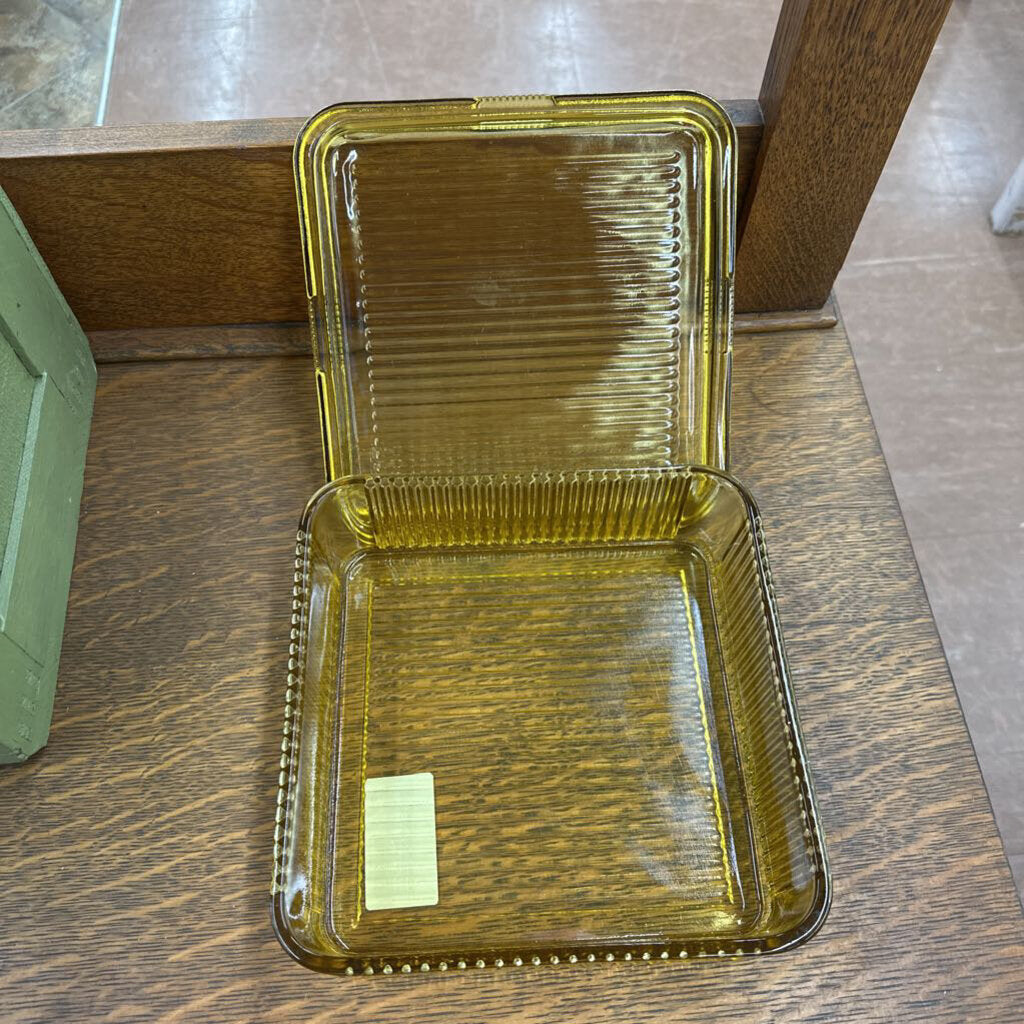 FEDERAL GLASS RIBBED SQUARE REFRIGERATOR DISH WITH LID