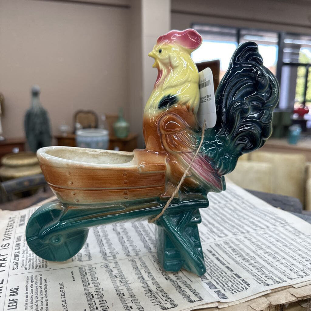 ROYAL COPLEY ROOSTER WITH WHEELBARROW PLANTER