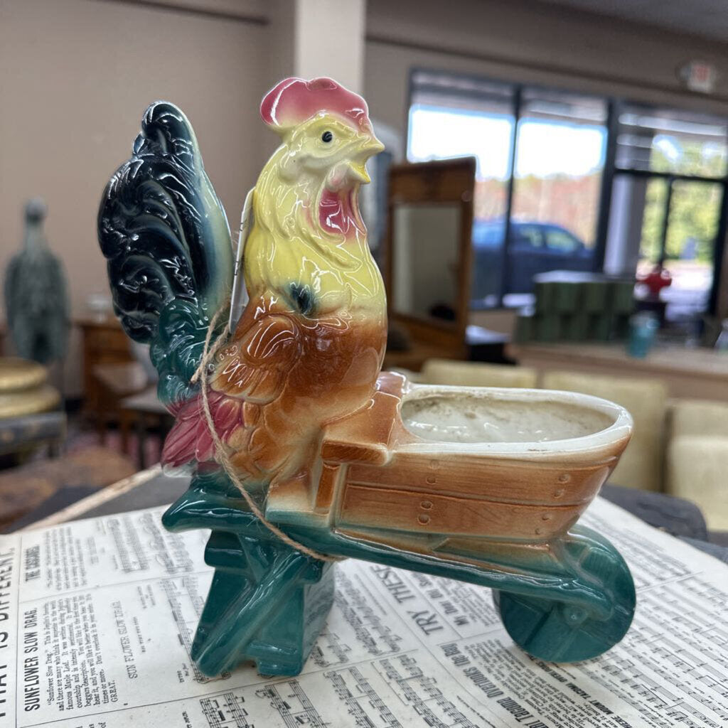 ROYAL COPLEY ROOSTER WITH WHEELBARROW PLANTER