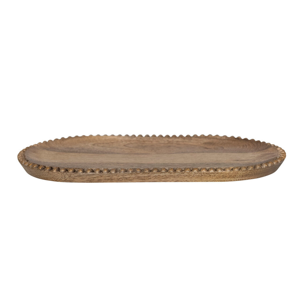 HAND CARVED MANGO WOOD TRAY WITH GOLD WOOD BEADS