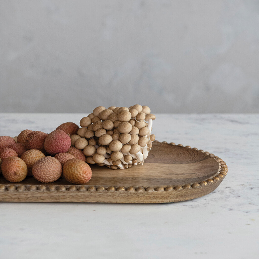 HAND CARVED MANGO WOOD TRAY WITH GOLD WOOD BEADS