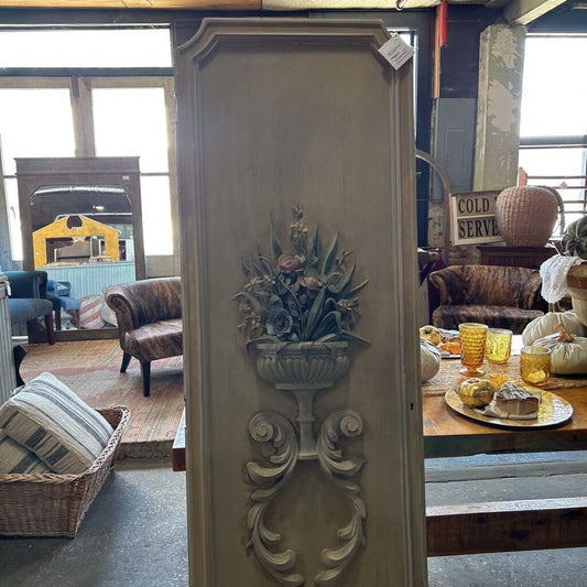 FRENCH PAINTED PANEL WITH RELIEF CARVED FLOWERING URN