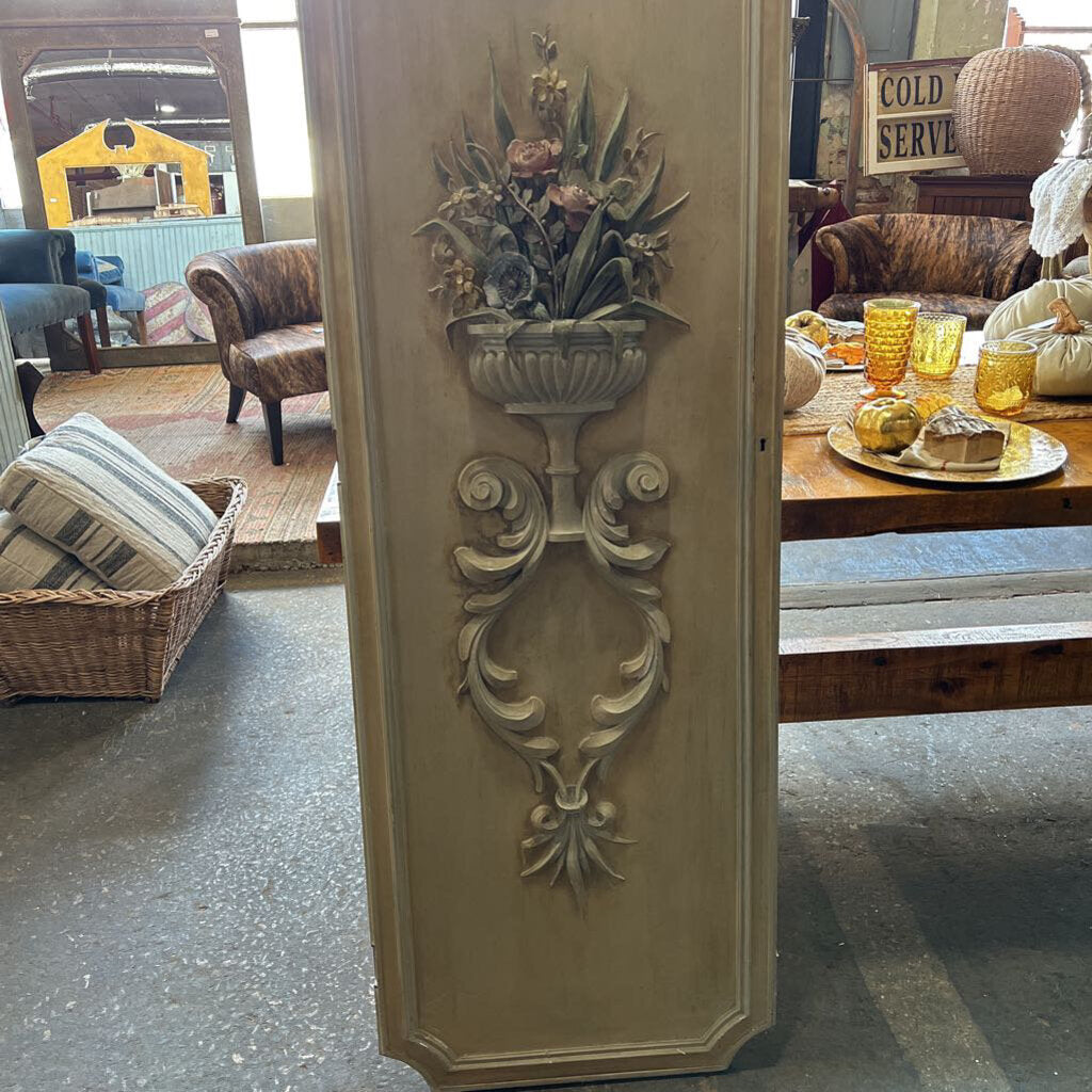 FRENCH PAINTED PANEL WITH RELIEF CARVED FLOWERING URN