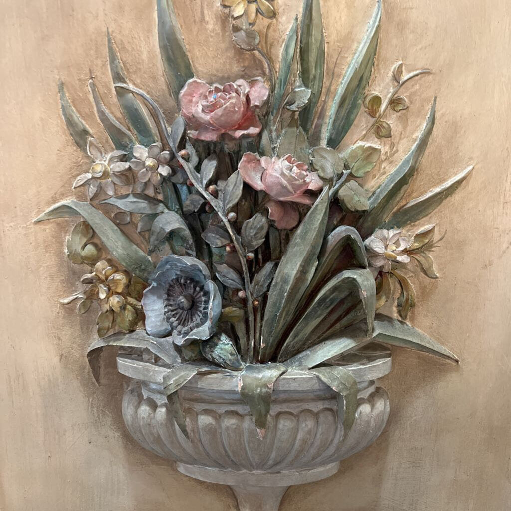 FRENCH PAINTED PANEL WITH RELIEF CARVED FLOWERING URN