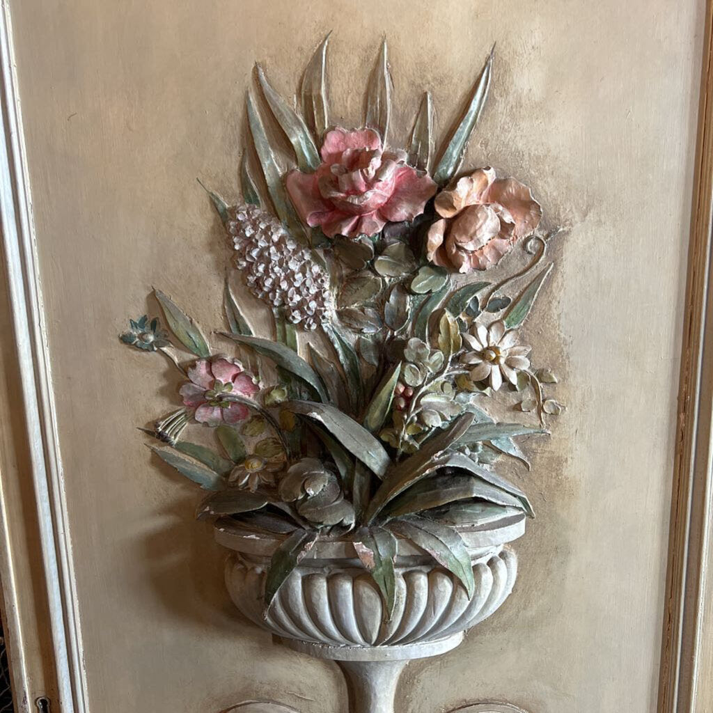 FRENCH PAINTED PANEL WITH RELIEF CARVED FLOWERING URN