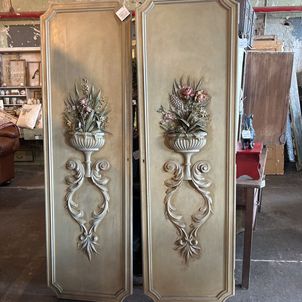 FRENCH PAINTED PANEL WITH RELIEF CARVED FLOWERING URN