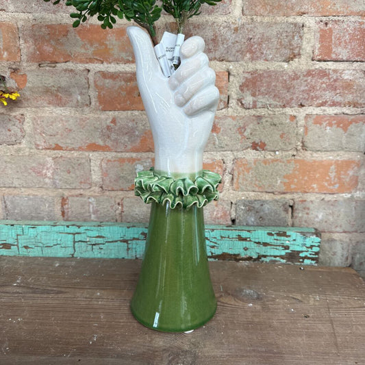 STONEWARE HAND VASE WITH RUFFLED SLEEVE