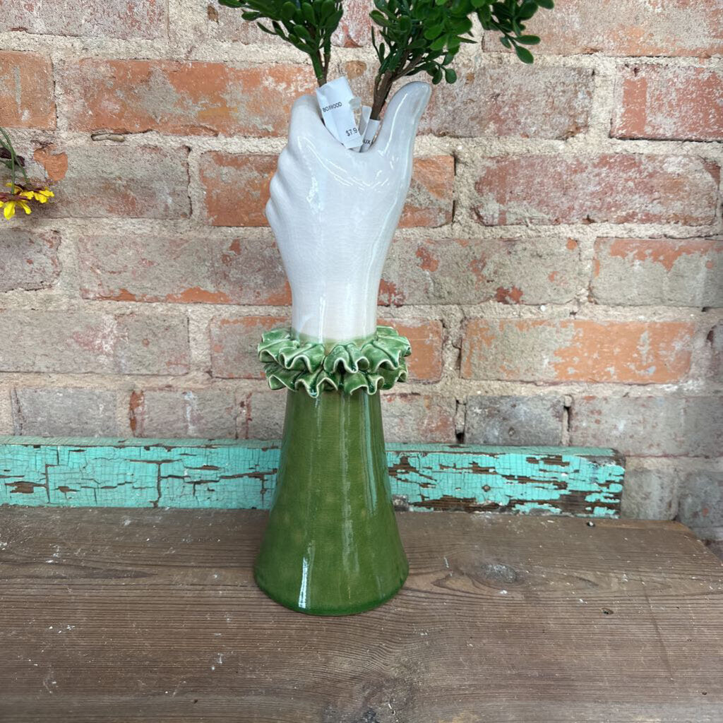 STONEWARE HAND VASE WITH RUFFLED SLEEVE