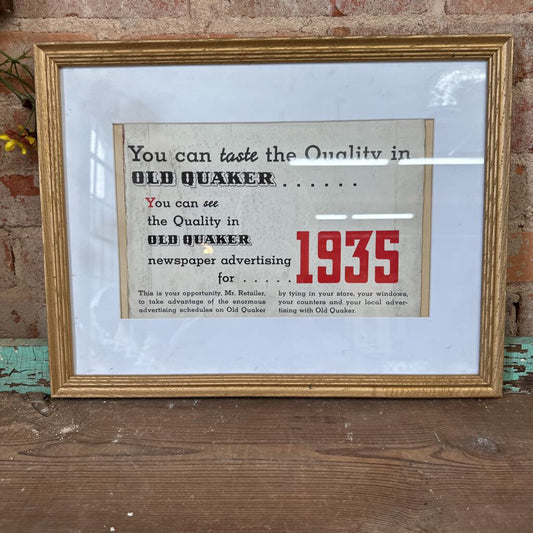 FRAMED QUAKER SIGN 1935