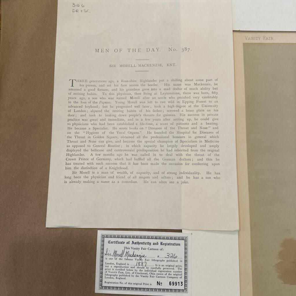 VANITY FAIR 1887 IMPRESIÓN "ENFERMEDAD DE LA GARGANTA" CON MATE Y CERTIFICADO DE AUTENTICIDAD